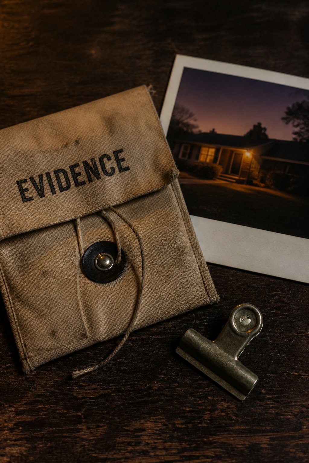 Evidenspose, klemme og polaroid af huset. Holloway-sagen.